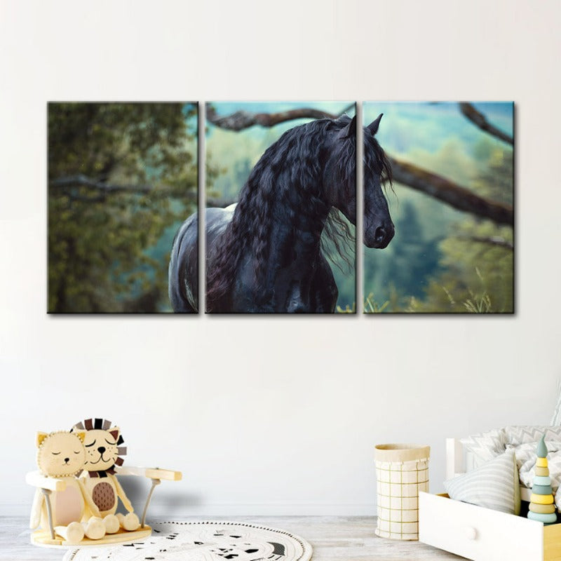 Schwarzes Pferd im Wald-Canvas Wandkunst Gemälde 3 Teile