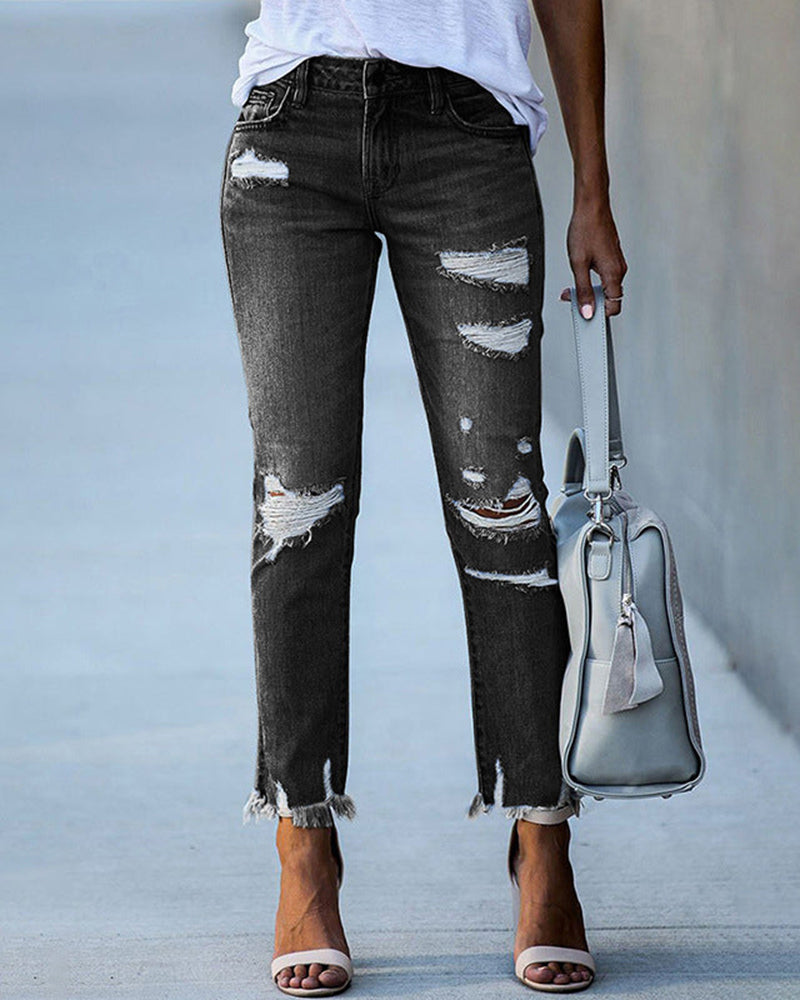 Comfort Stretch: Damen Slim-Fit Ripped Jeans mit ausgefransten Kanten