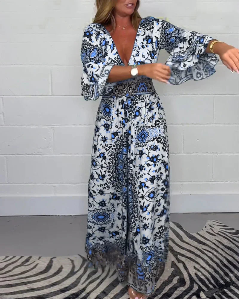 🔥50% Rabatt auf den heißen Verkauf🔥Bedruckter Jumpsuit mit tiefem V-Ausschnitt