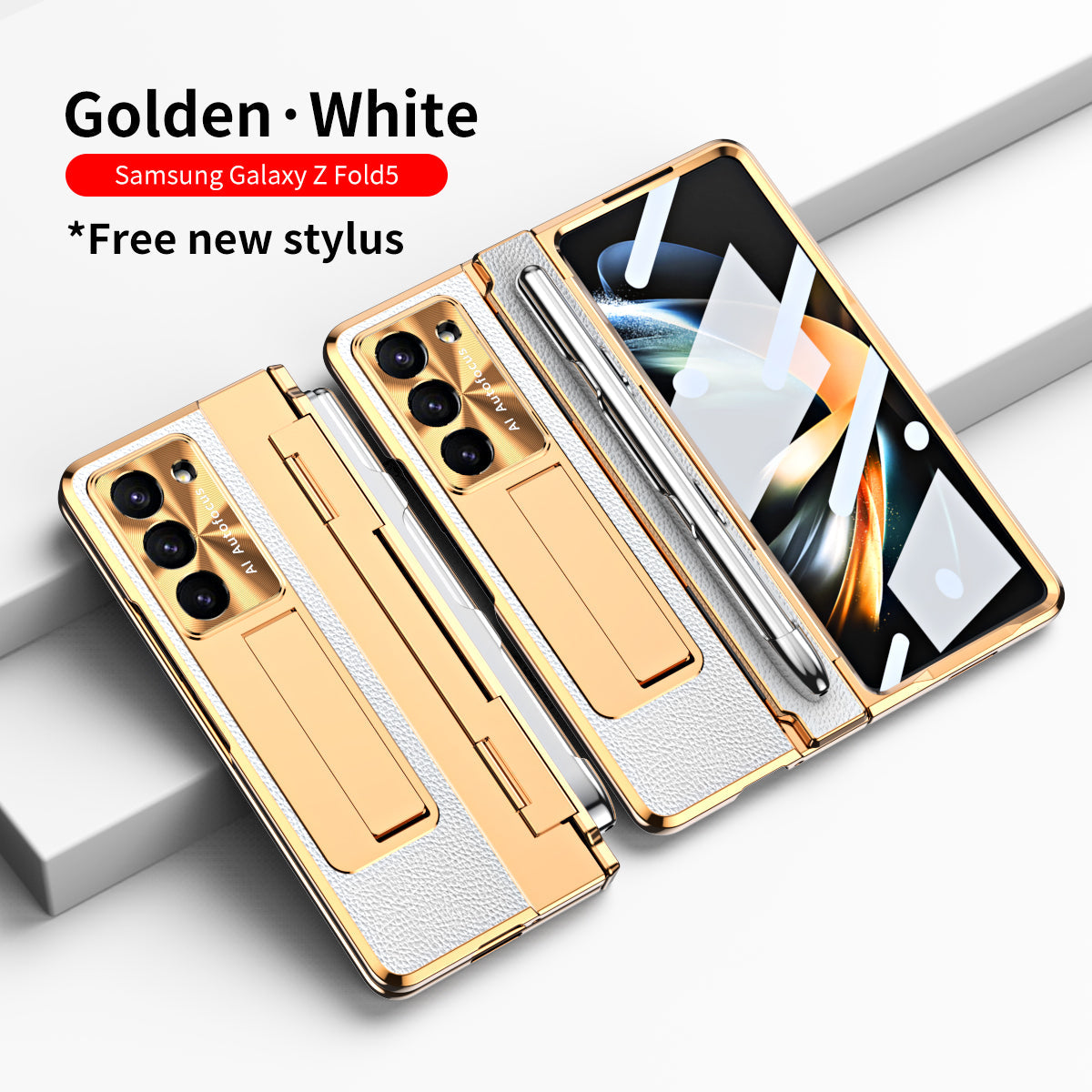 Galvanisierte Lederhülle mit magnetischer Halterung für Samsung Galaxy Z Fold3/4/5 mit Glas auf der Rückseite