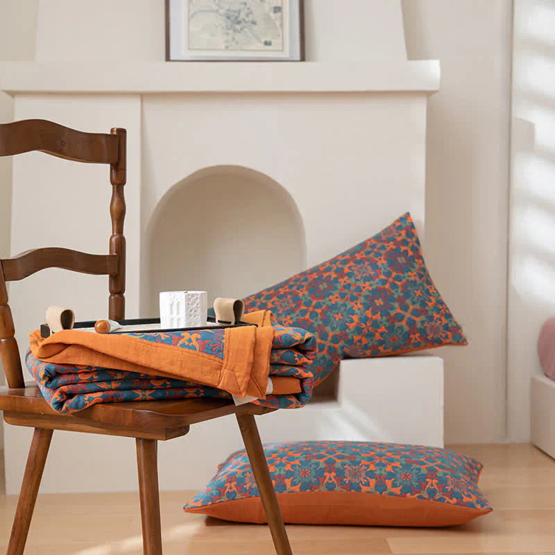 Sandsberg | Sechslagige Baumwolldecke mit Orange-Blauem Muster