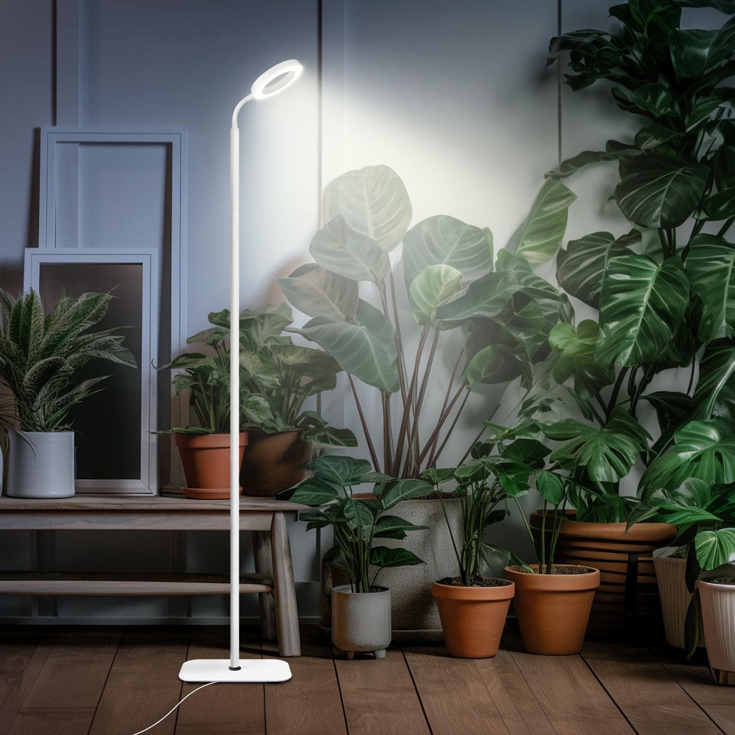Sandsberg | Mistyjungle Wachstumslicht für Zimmerpflanzen, Boden Vollspektrum Pflanzenlicht mit Ständer, große Wachstumslichter mit automatischem Timer, höhenverstellbar von 60 Zoll, 10 Stufen dimmbar, weißes Halo LED Wachstumslicht