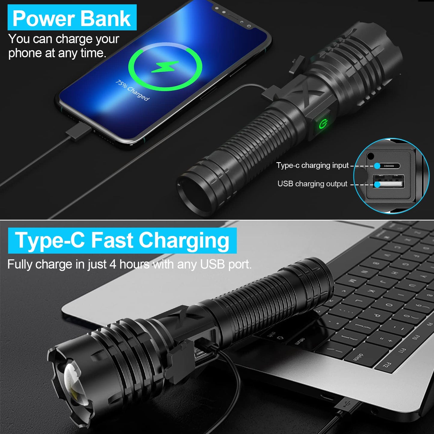 Sandsberg | Banral 100000 Lumen wiederaufladbare Taschenlampe, Ipx6 wasserdicht, 5 Modi, zoombar, Aluminium