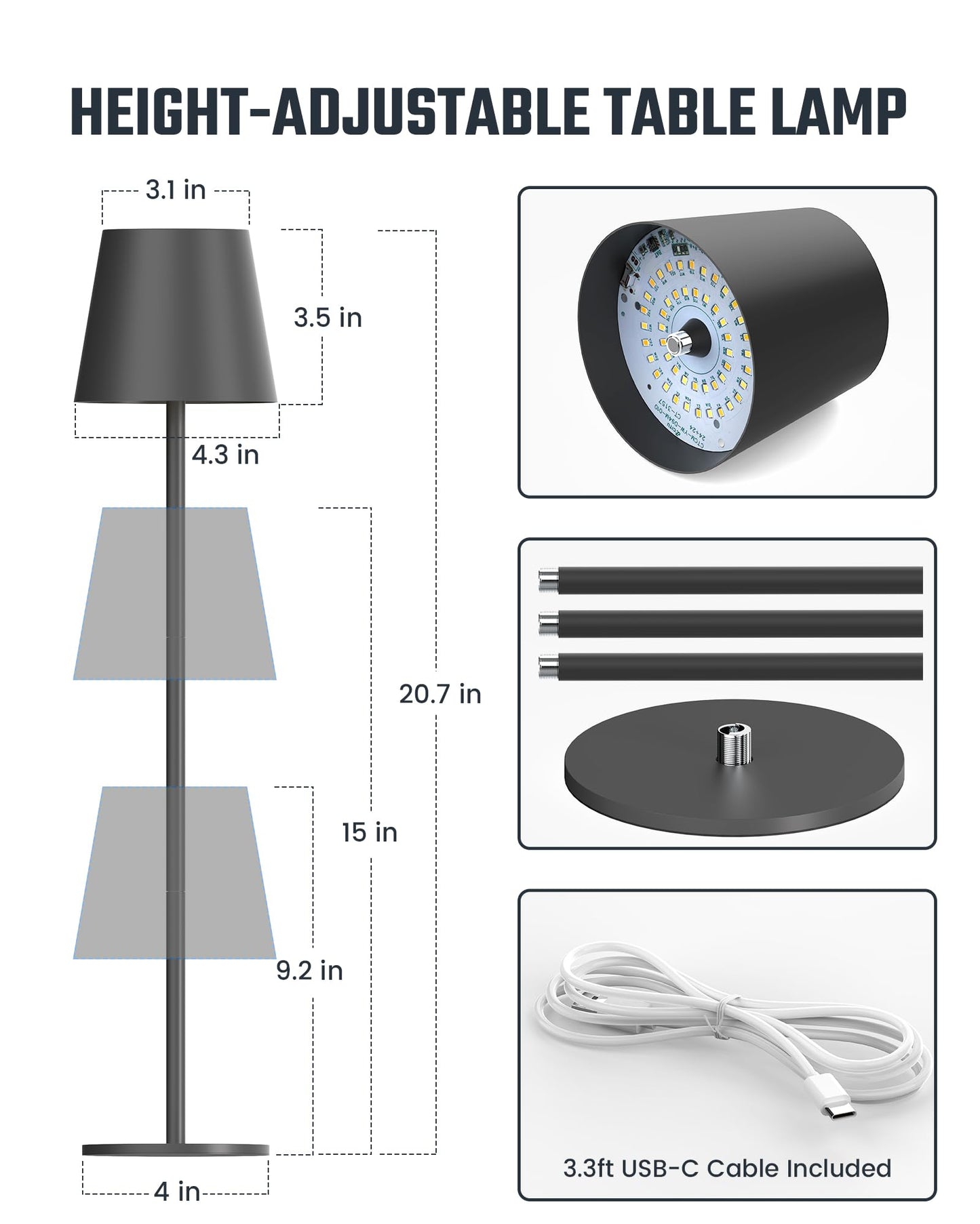 Sandsberg | Superdanny Wireless Tischlampen, 3 Höhen & Farben, Dimmbar, 2er Pack, Aufladbares LED Licht