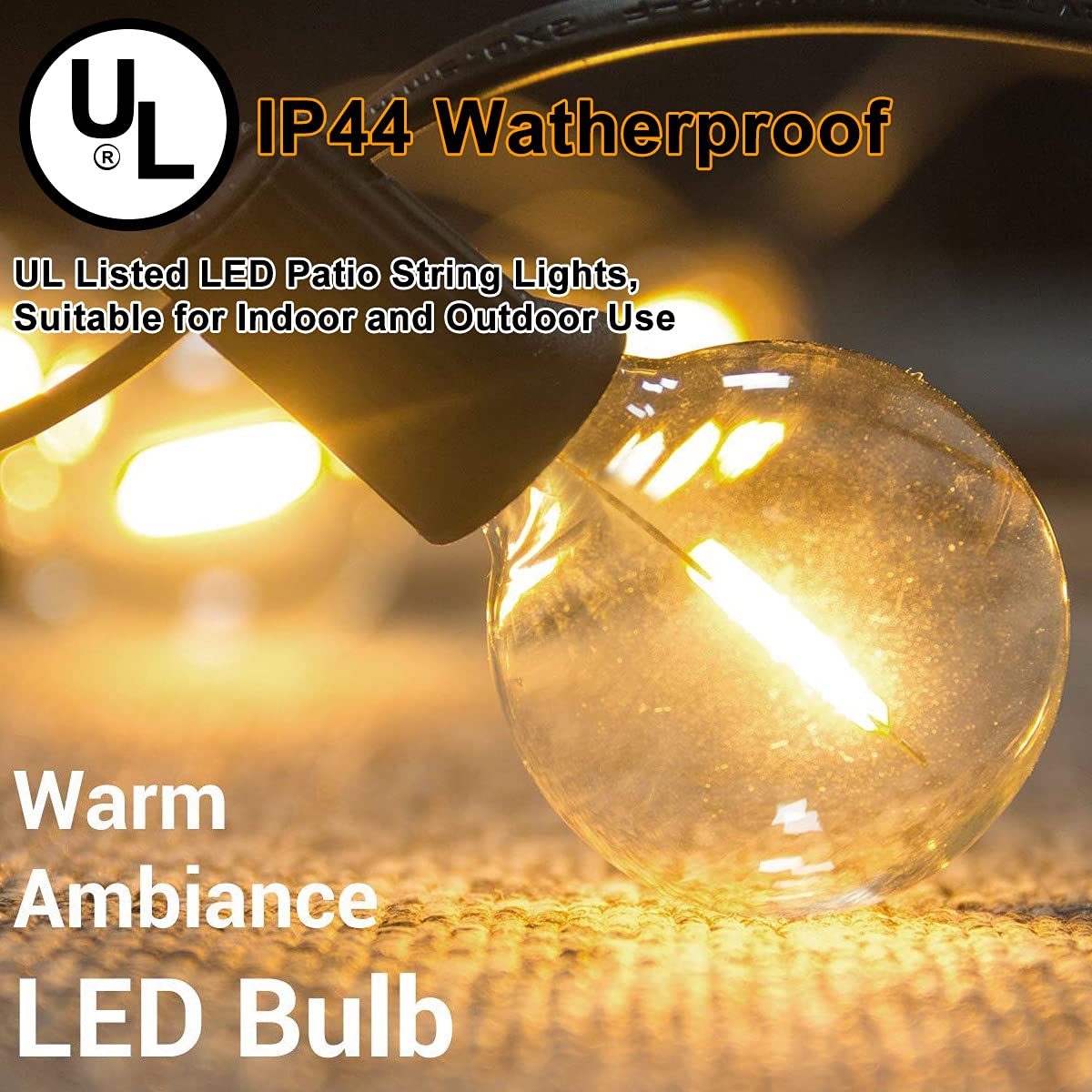 Sandsberg | Abeja 25Ft LED-Außenlichterkette - G40-Globus, 25 bruchsichere Glühbirnen, wasserdichtes schwarzes Kabel