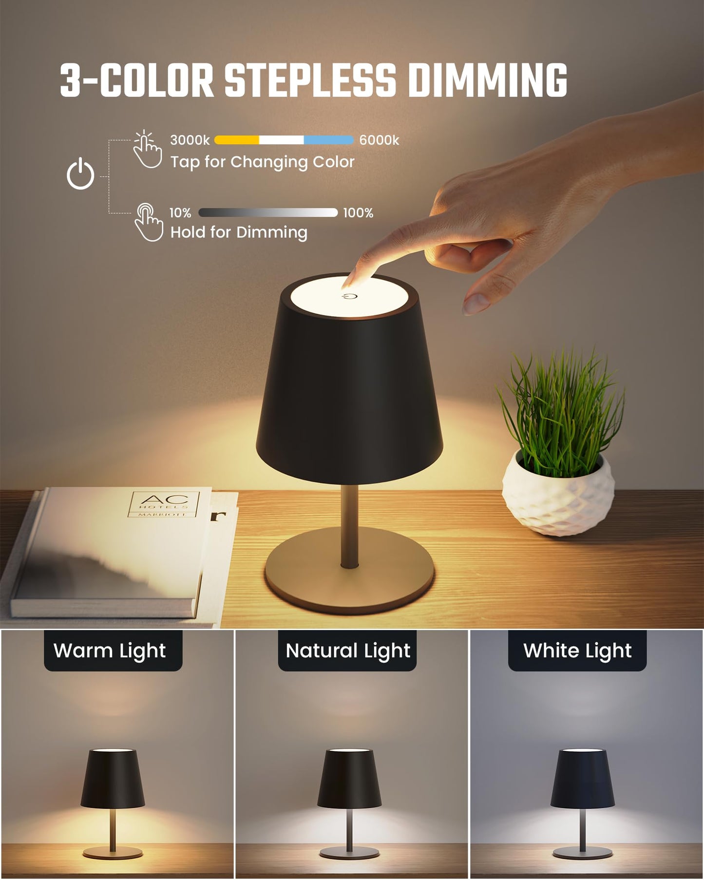 Sandsberg | Superdanny Wireless Tischlampen, 3 Höhen & Farben, Dimmbar, 2er Pack, Aufladbares LED Licht