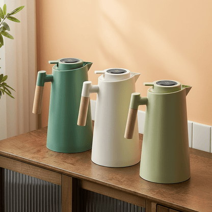 Sandsberg | Doppelwandige Thermoskanne mit Temperaturanzeige und Holzgriff