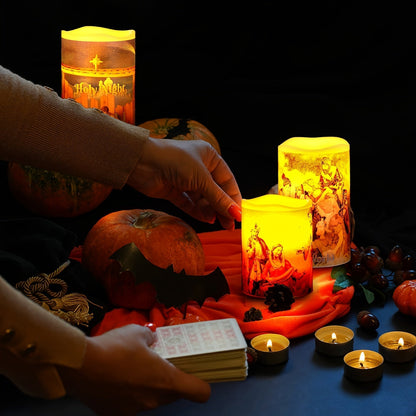 Sandsberg | Flammenlose LED Weihnachtskerzen – 3 Stück batteriebetriebene Heilige Nachtlichter mit Timer, die die Krippenszene zeigen für eine warme festliche Wohnatmosphäre