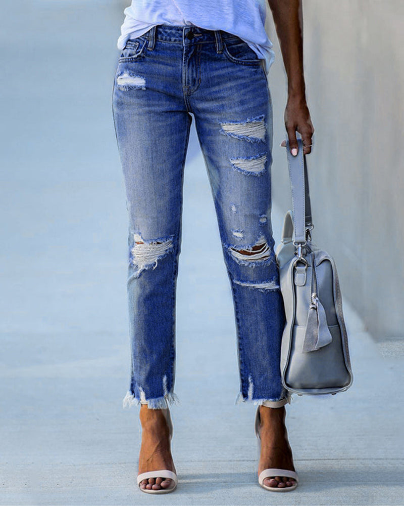 Comfort Stretch: Damen Slim-Fit Ripped Jeans mit ausgefransten Kanten