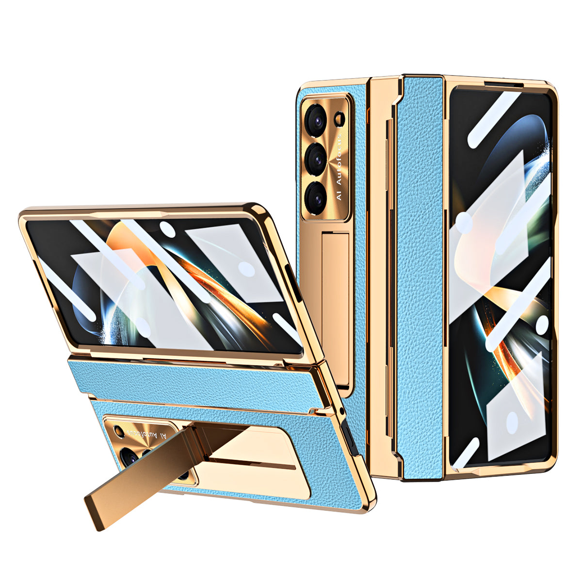 Galvanisierte Lederhülle mit magnetischer Halterung für Samsung Galaxy Z Fold3/4/5 mit Glas auf der Rückseite