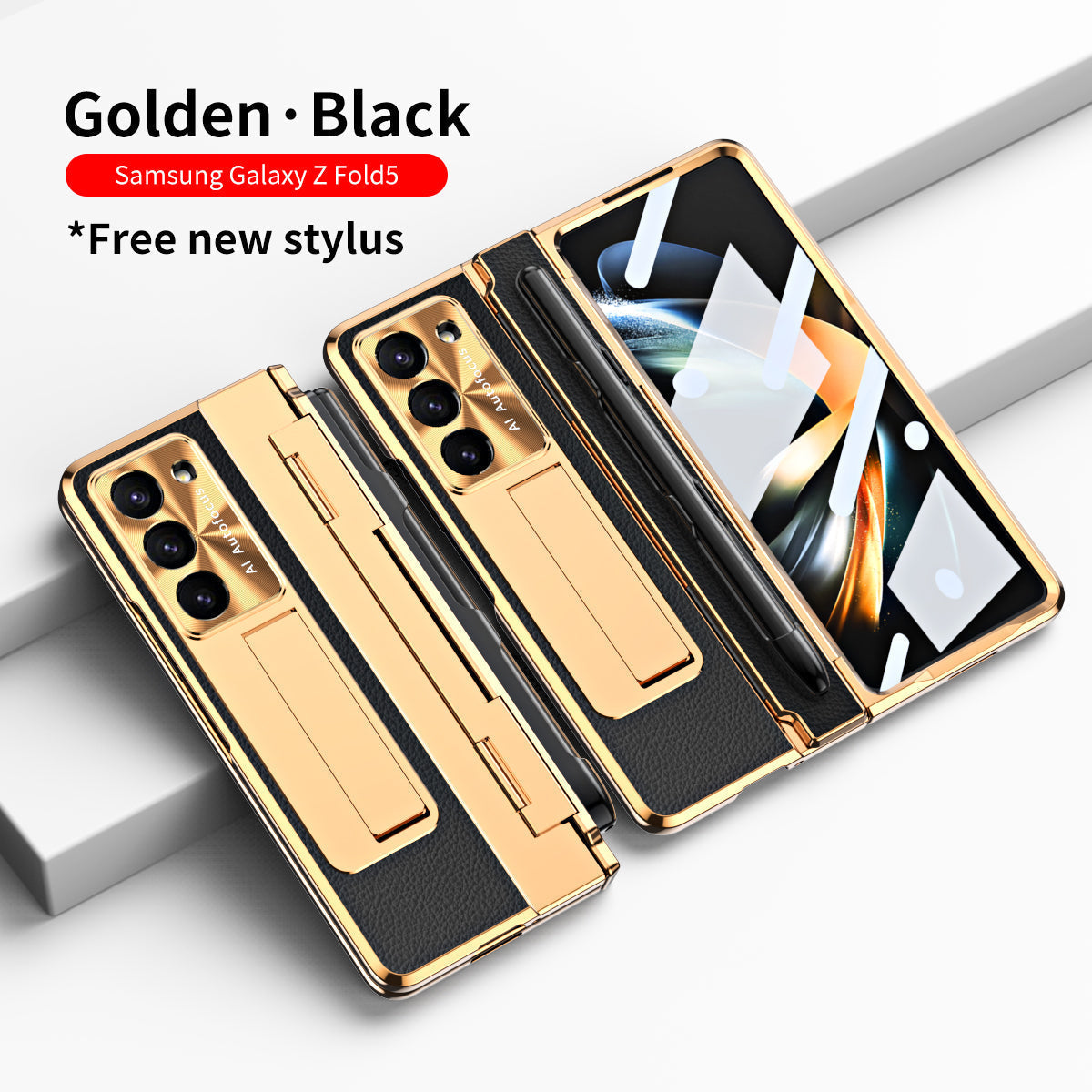 Galvanisierte Lederhülle mit magnetischer Halterung für Samsung Galaxy Z Fold3/4/5 mit Glas auf der Rückseite