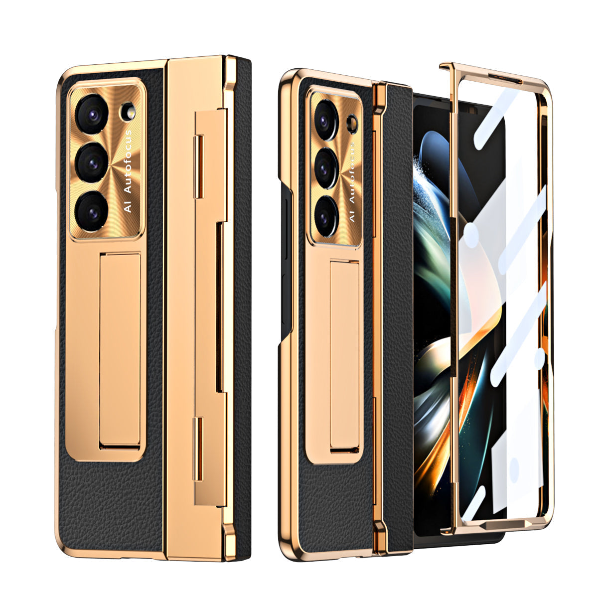 Galvanisierte Lederhülle mit magnetischer Halterung für Samsung Galaxy Z Fold3/4/5 mit Glas auf der Rückseite
