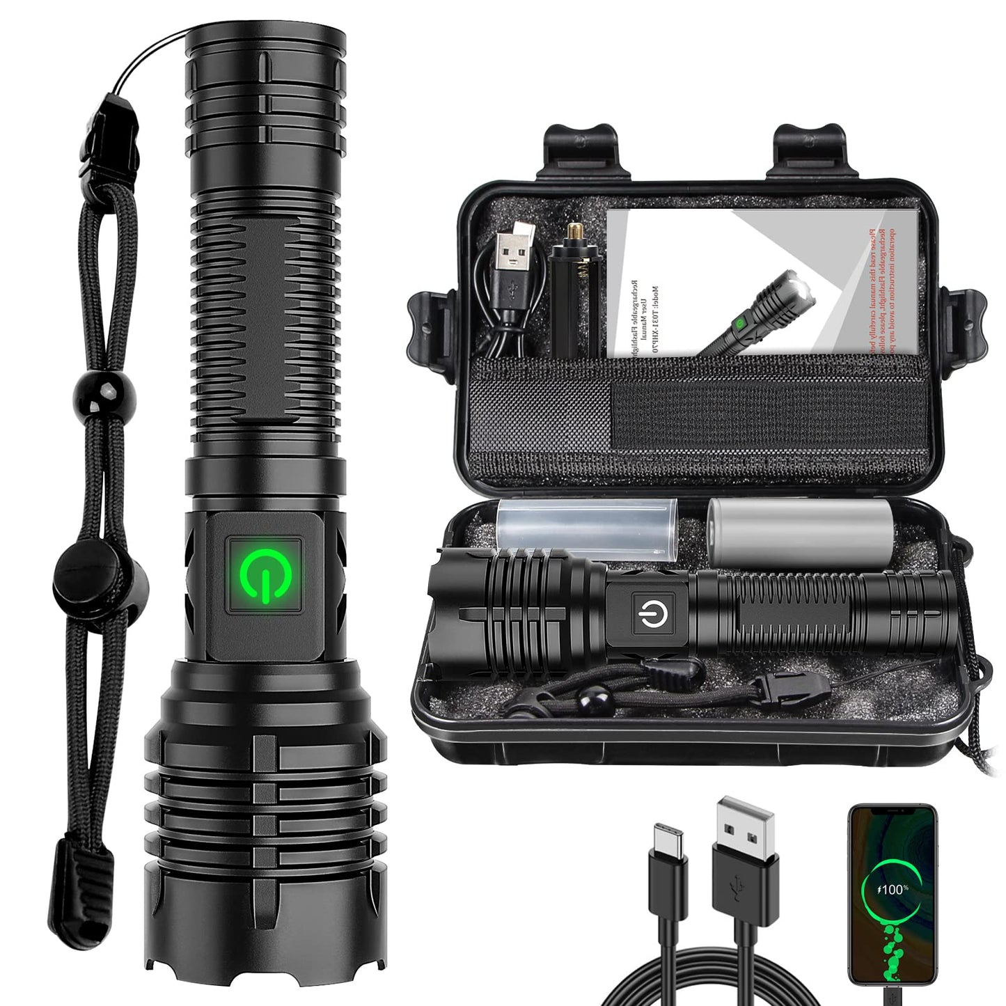 Sandsberg | Banral 100000 Lumen wiederaufladbare Taschenlampe, Ipx6 wasserdicht, 5 Modi, zoombar, Aluminium