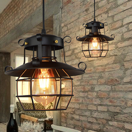 1 Leichte Eisen Pendelleuchte Vintage Industrie Satin Schwarz Kuppel Käfig Schirm Restaurant Deckenleuchte