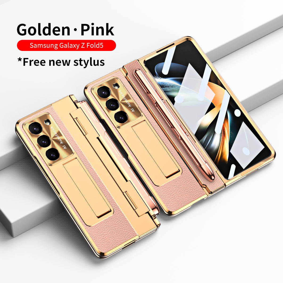 Galvanisierte Lederhülle mit magnetischer Halterung für Samsung Galaxy Z Fold3/4/5 mit Glas auf der Rückseite