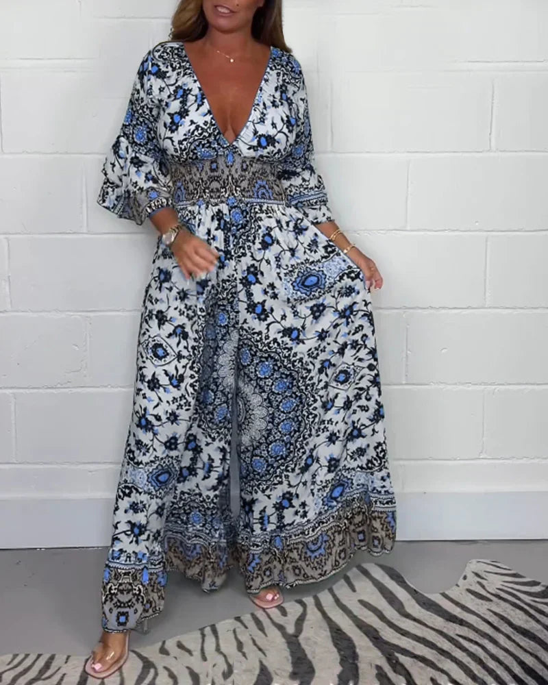 🔥50% Rabatt auf den heißen Verkauf🔥Bedruckter Jumpsuit mit tiefem V-Ausschnitt