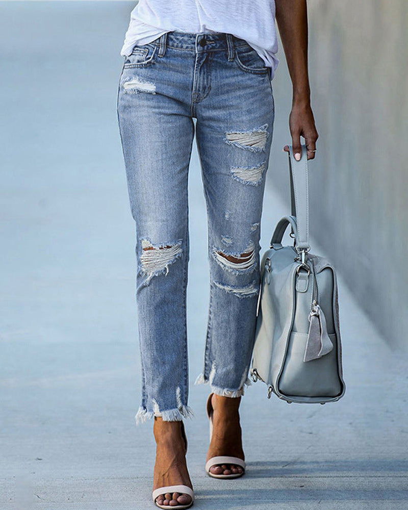Comfort Stretch: Damen Slim-Fit Ripped Jeans mit ausgefransten Kanten