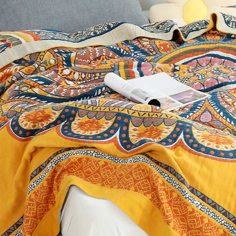 Bohemian Wende-Sommersteppdecke mit gelben Blumen