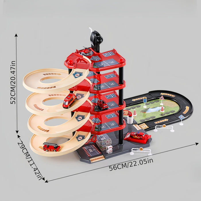 Sandsberg | FirePark Garage Spielset – Mehrstöckige Feuerwehrstation mit Feuerwehrautos und Verkehrsschildern für abenteuerlustige Kinder