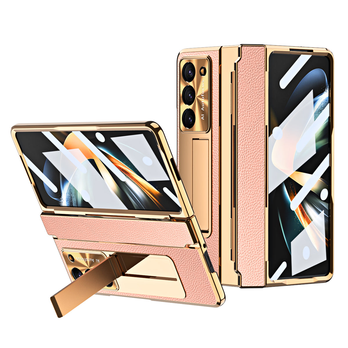 Galvanisierte Lederhülle mit magnetischer Halterung für Samsung Galaxy Z Fold3/4/5 mit Glas auf der Rückseite