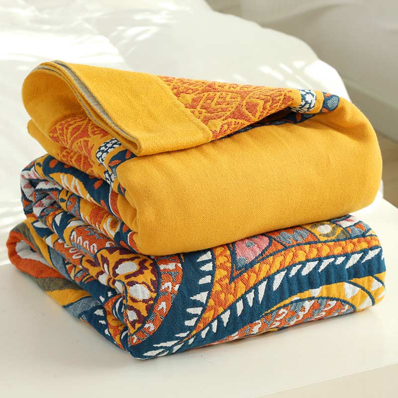 Bohemian Wende-Sommersteppdecke mit gelben Blumen