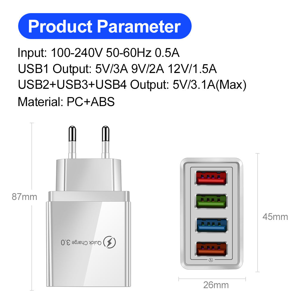 USB-Ladegerät Quick Charge 3.0 4 Telefonadapter für Tablet Tragbares mobiles Wandladegerät Schnellladegerät