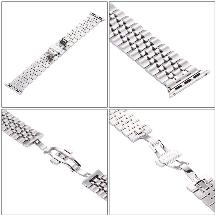 Sandsberg | 22mm Herren Versteckte Schmetterlingsschnalle 7 Perlen Edelstahl Uhrenarmband für Apple Watch 42mm (Silber)