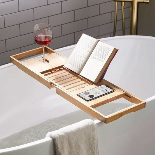 Sandsberg | Solavera Bambus Relax Tray | Ausziehbares Badewannen Tray | Nachhaltig & Elegant | Mit Glas- & Buchhalter für Spa-Genuss zu Hause