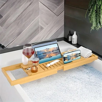 Sandsberg | Solavera Bambus Relax Tray | Ausziehbares Badewannen Tray | Nachhaltig & Elegant | Mit Glas- & Buchhalter für Spa-Genuss zu Hause