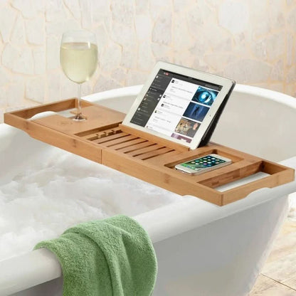 Sandsberg | Solavera Bambus Relax Tray | Ausziehbares Badewannen Tray | Nachhaltig & Elegant | Mit Glas- & Buchhalter für Spa-Genuss zu Hause