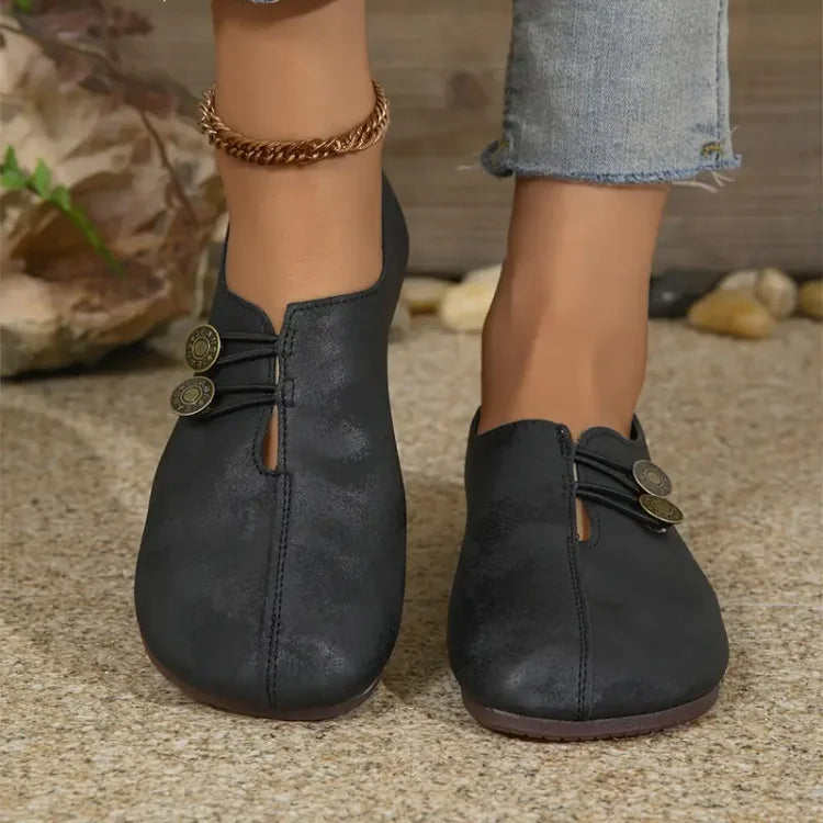 Damen elegante weiche Sohle runde Zehen Schnallen Dekoration flache Schuhe