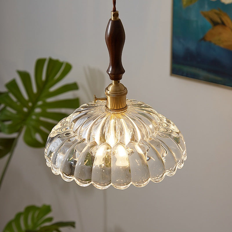 Zeitgenössische Vintage Runde Florale Alles Kupfer Holz Glas 1-Licht Pendelleuchte Für Wohnzimmer