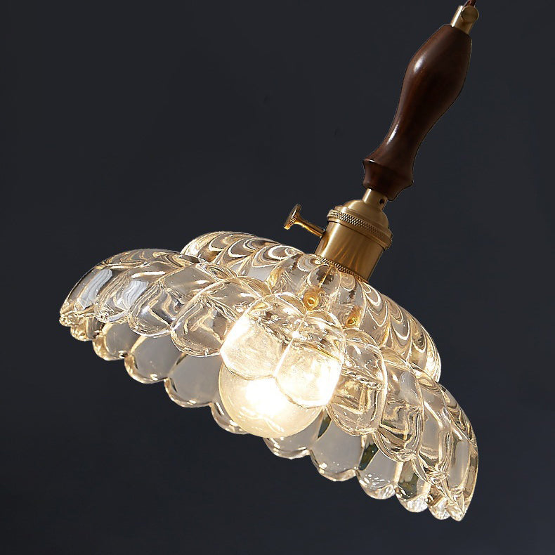 Zeitgenössische Vintage Runde Florale Alles Kupfer Holz Glas 1-Licht Pendelleuchte Für Wohnzimmer