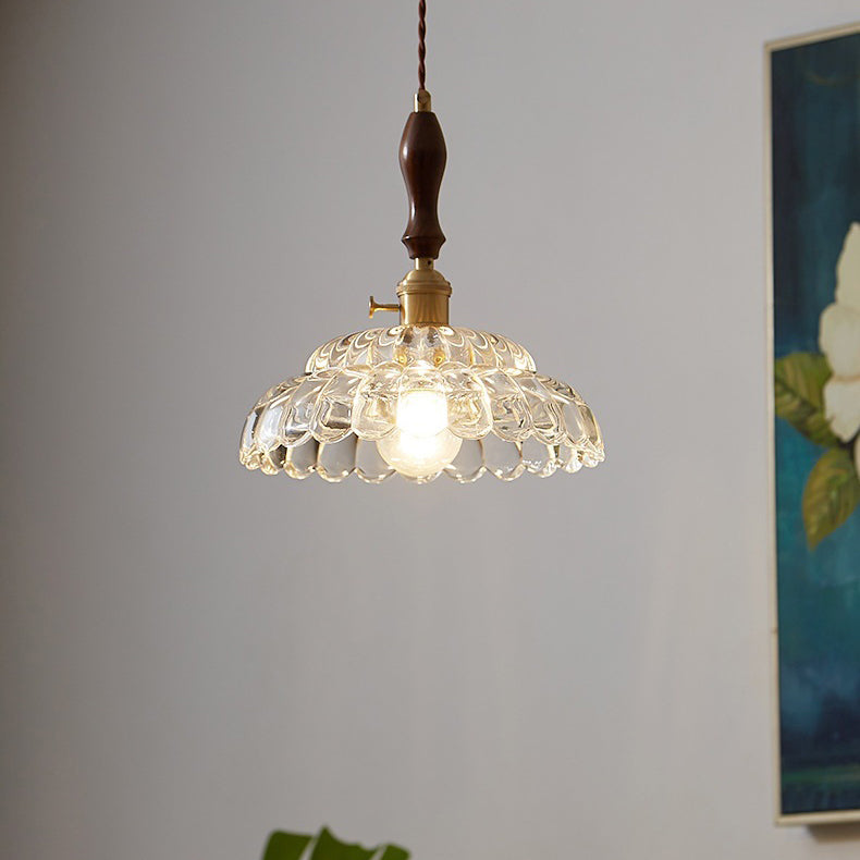 Zeitgenössische Vintage Runde Florale Alles Kupfer Holz Glas 1-Licht Pendelleuchte Für Wohnzimmer