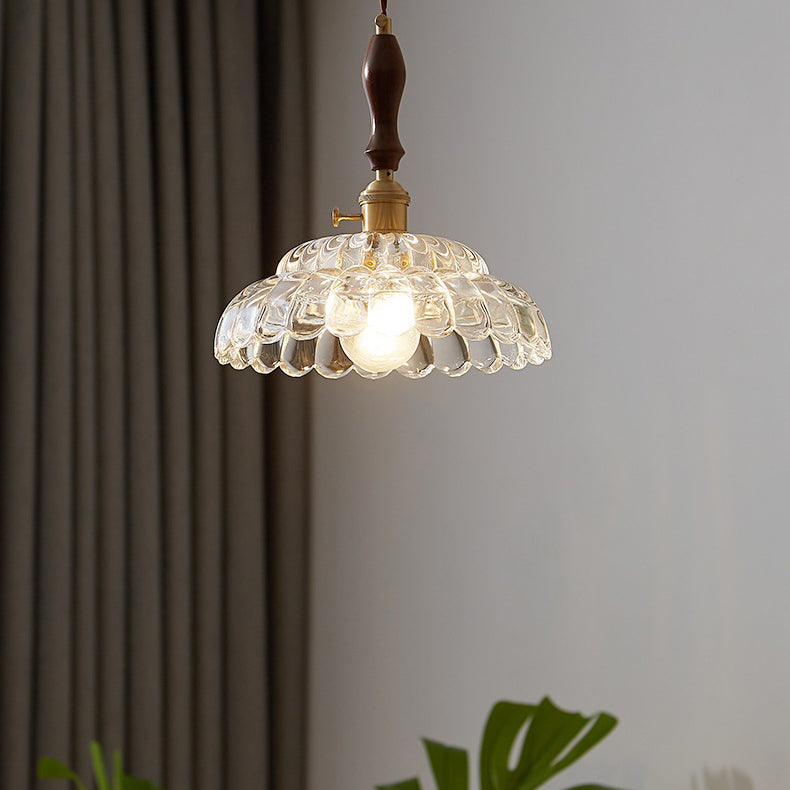 Zeitgenössische Vintage Runde Florale Alles Kupfer Holz Glas 1-Licht Pendelleuchte Für Wohnzimmer