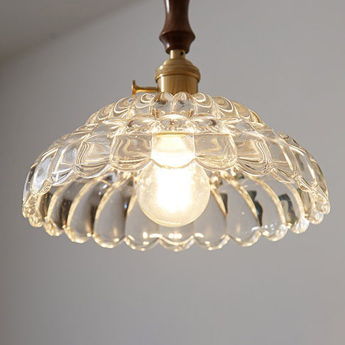 Zeitgenössische Vintage Runde Florale Alles Kupfer Holz Glas 1-Licht Pendelleuchte Für Wohnzimmer