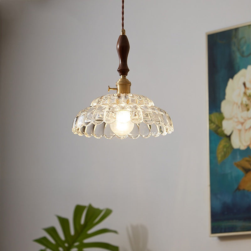 Zeitgenössische Vintage Runde Florale Alles Kupfer Holz Glas 1-Licht Pendelleuchte Für Wohnzimmer