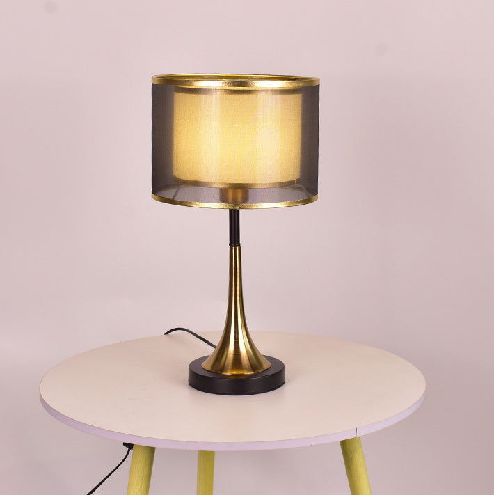 Zeitgenössischer Luxus Doppel-Schicht Trommel Stoffschirm Eisen 1-Licht Tischlampe Für Schlafzimmer