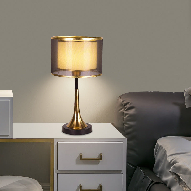 Zeitgenössischer Luxus Doppel-Schicht Trommel Stoffschirm Eisen 1-Licht Tischlampe Für Schlafzimmer