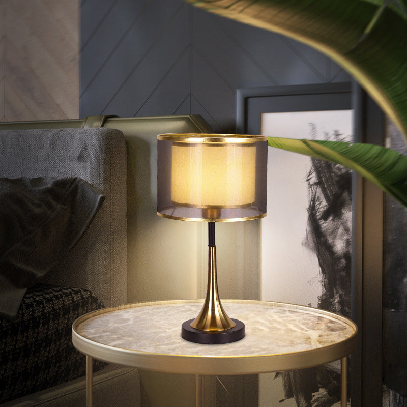 Zeitgenössischer Luxus Doppel-Schicht Trommel Stoffschirm Eisen 1-Licht Tischlampe Für Schlafzimmer