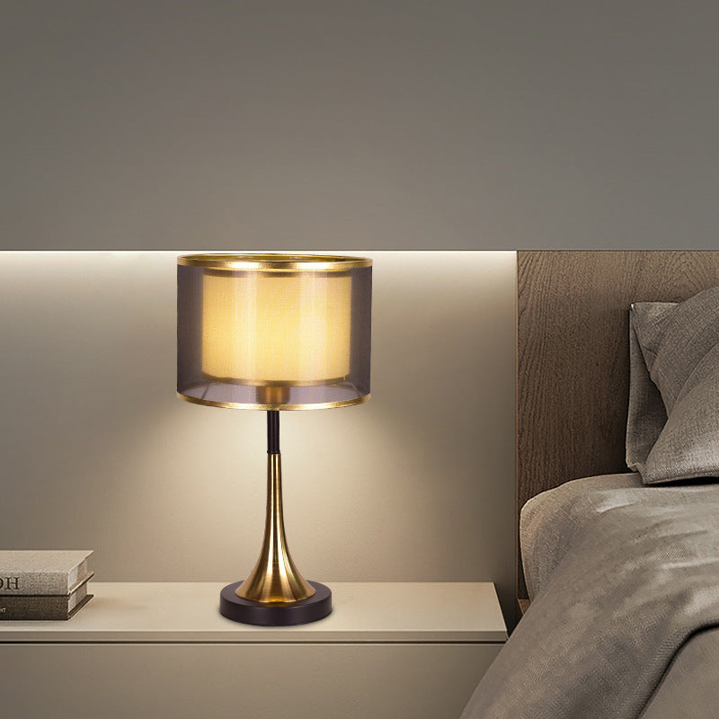 Zeitgenössischer Luxus Doppel-Schicht Trommel Stoffschirm Eisen 1-Licht Tischlampe Für Schlafzimmer