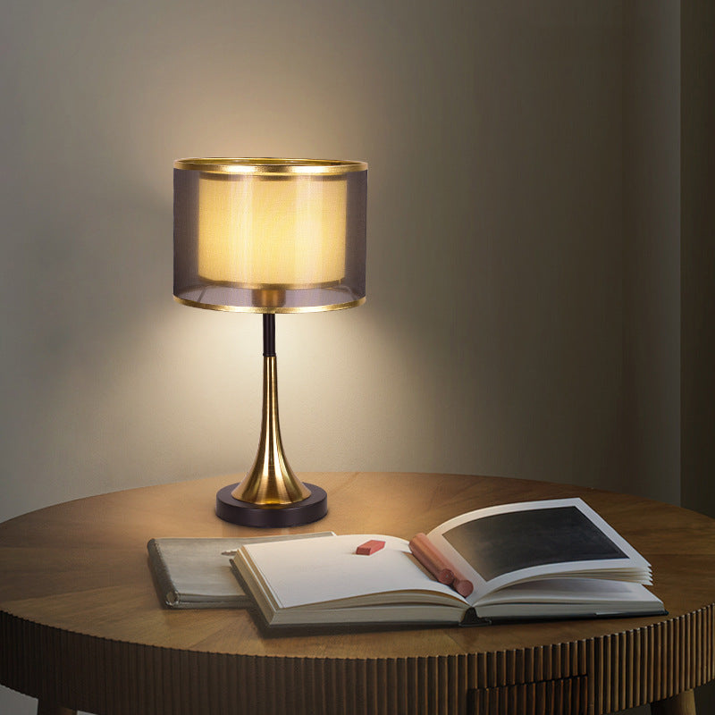 Zeitgenössischer Luxus Doppel-Schicht Trommel Stoffschirm Eisen 1-Licht Tischlampe Für Schlafzimmer