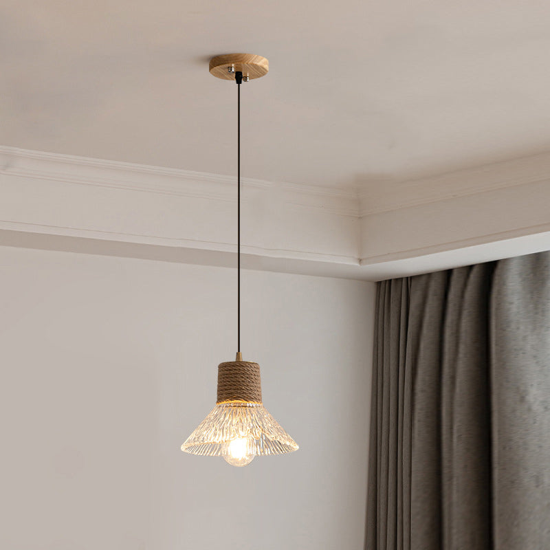 Nordic Hanfseil Holz Glas konische 1-Licht Pendelleuchte für das Wohnzimmer