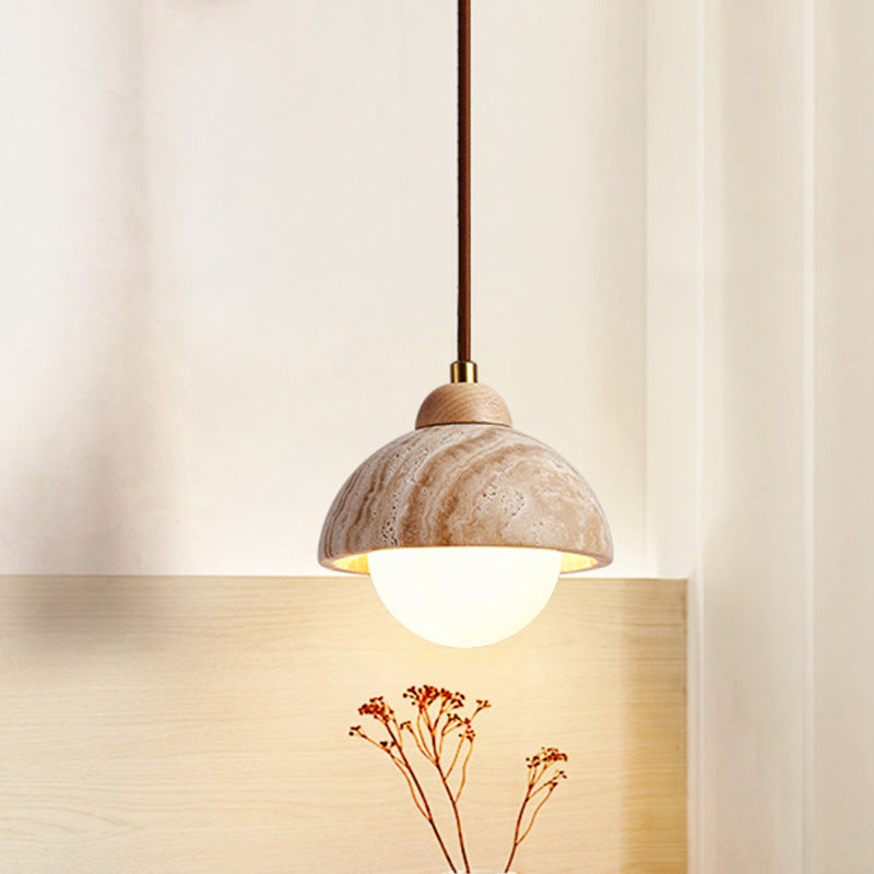 Traditionelle japanische Travertin Holz Zylinder konische Schale Zugschalter 1-Licht Wand Sconce Lampe für Nachttisch