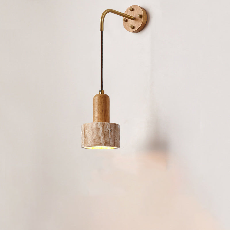 Traditionelle japanische Travertin Holz Zylinder konische Schale Zugschalter 1-Licht Wand Sconce Lampe für Nachttisch