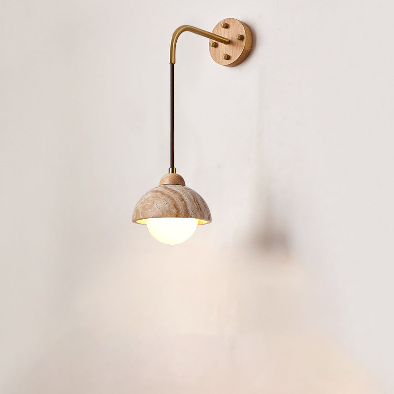 Traditionelle japanische Travertin Holz Zylinder konische Schale Zugschalter 1-Licht Wand Sconce Lampe für Nachttisch