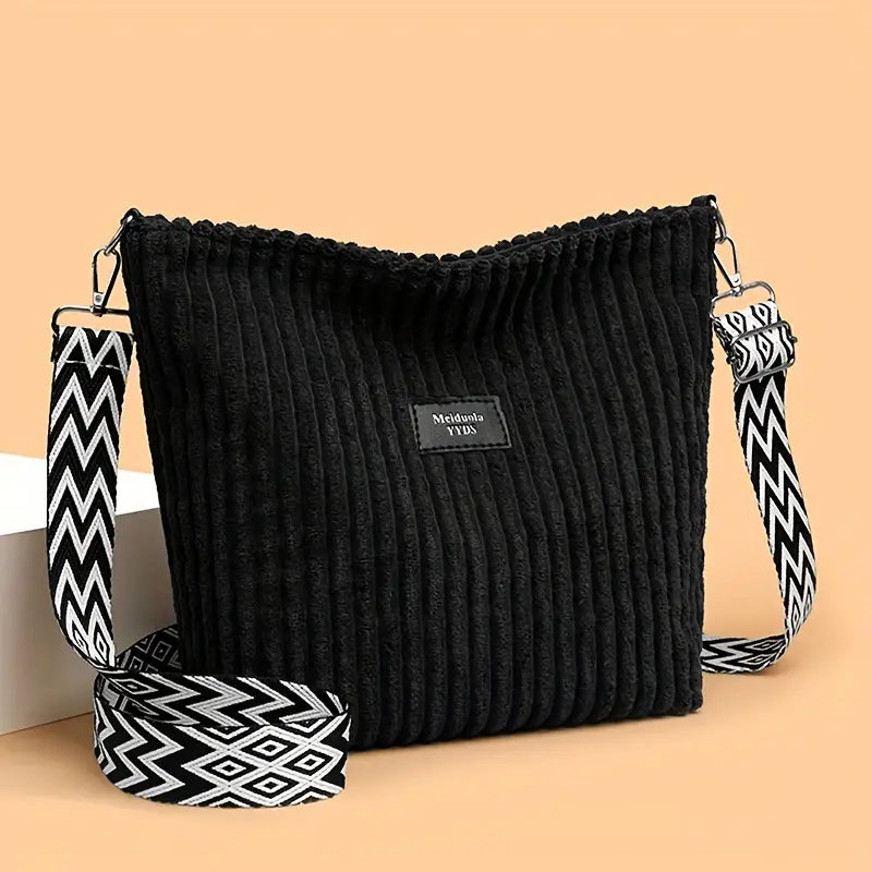 Schicke Cordura Umhängetasche – Gestreift, Verstellbarer Riemen, Reißverschlussverschluss