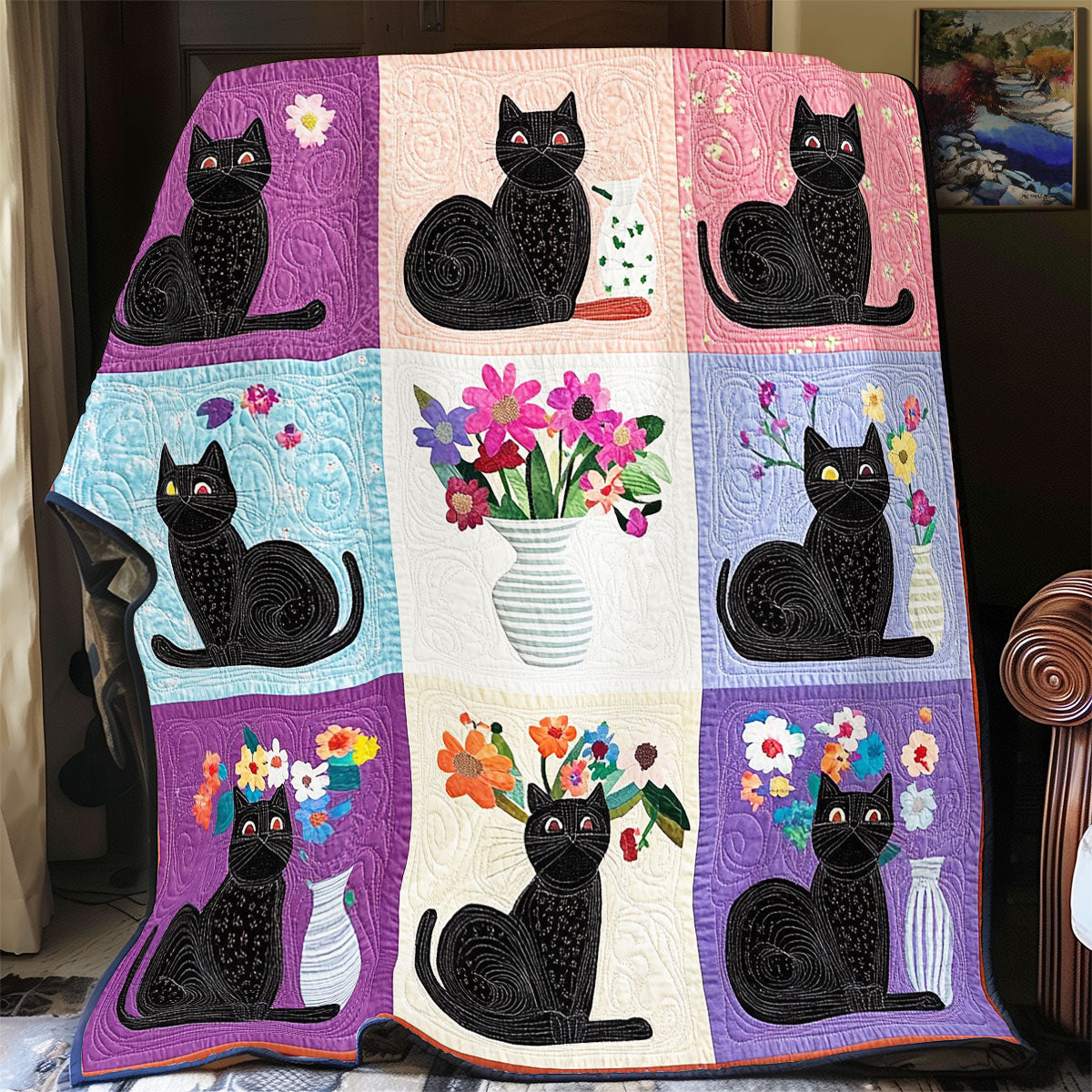 Schwarze Katze und Vase Quilt