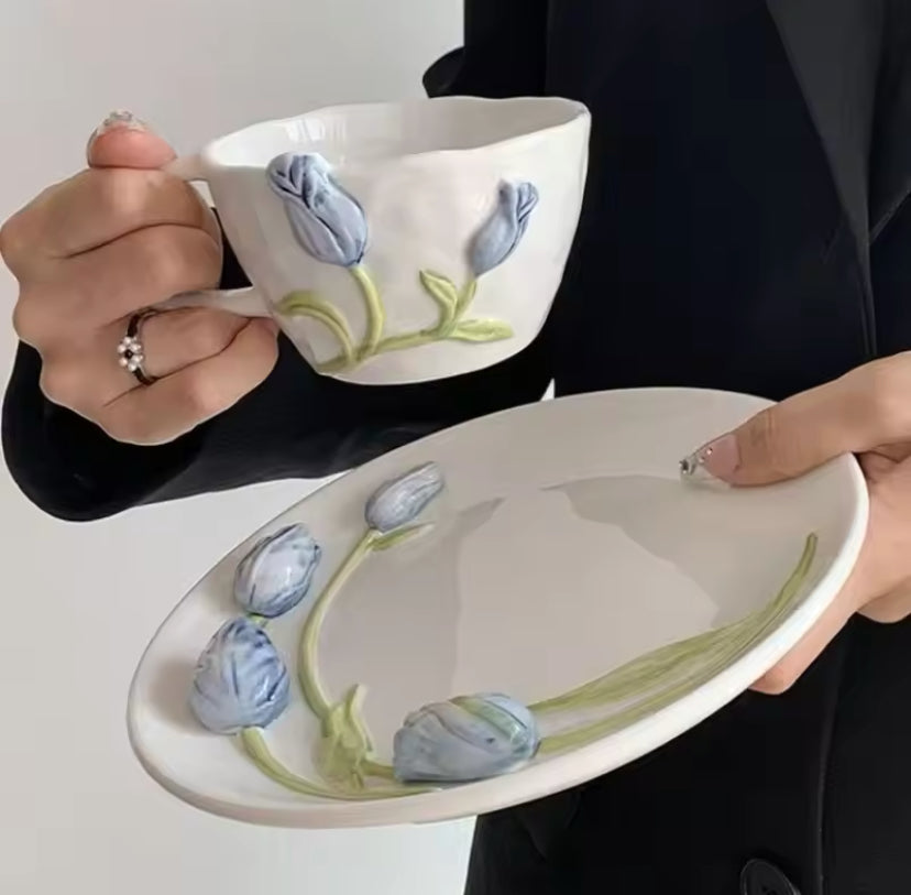 Tulpe 3D Fairycore Keramiktasse und Teller Set