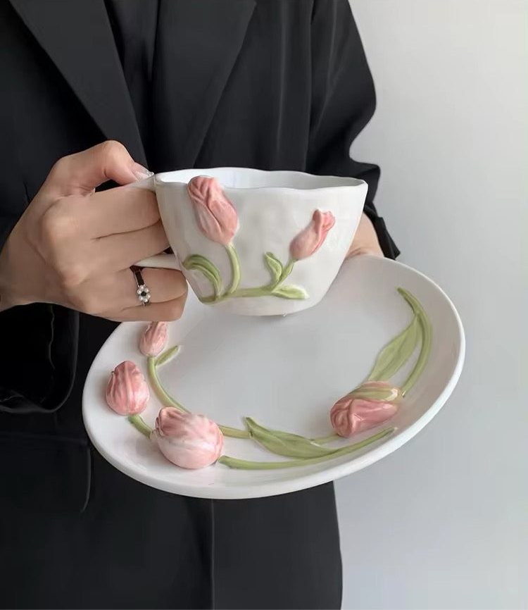 Tulpe 3D Fairycore Keramiktasse und Teller Set